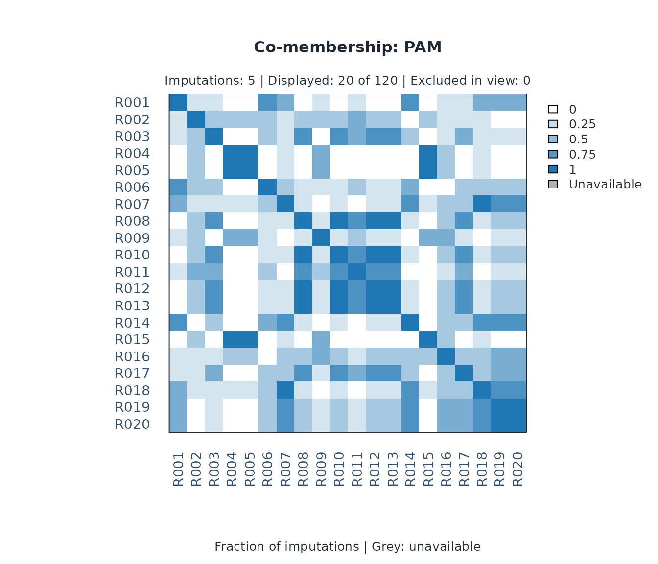 Pairwise co-membership proportions across imputations for the first twenty rater IDs. The scale runs from zero to one; unavailable pairs are grey. These proportions are imputation sensitivity, not sampling stability.